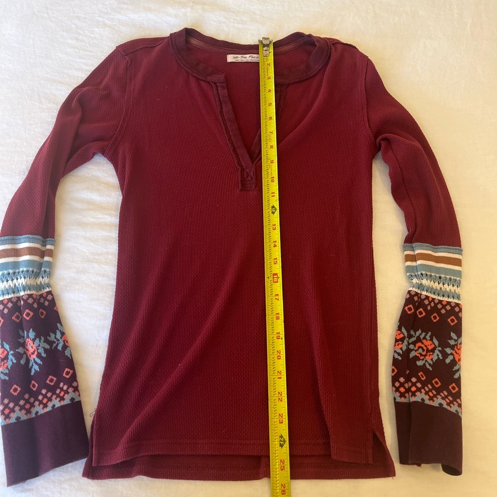 We The Free Burgundy Long Sleeve Top with Patterned Sleeves - Picture 7 of 8